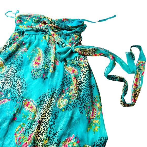 Sheer Strapless Maxi Dress Fire L Teal Pink Paisley Babydoll Fairycore Ethereal - Picture 2 of 9